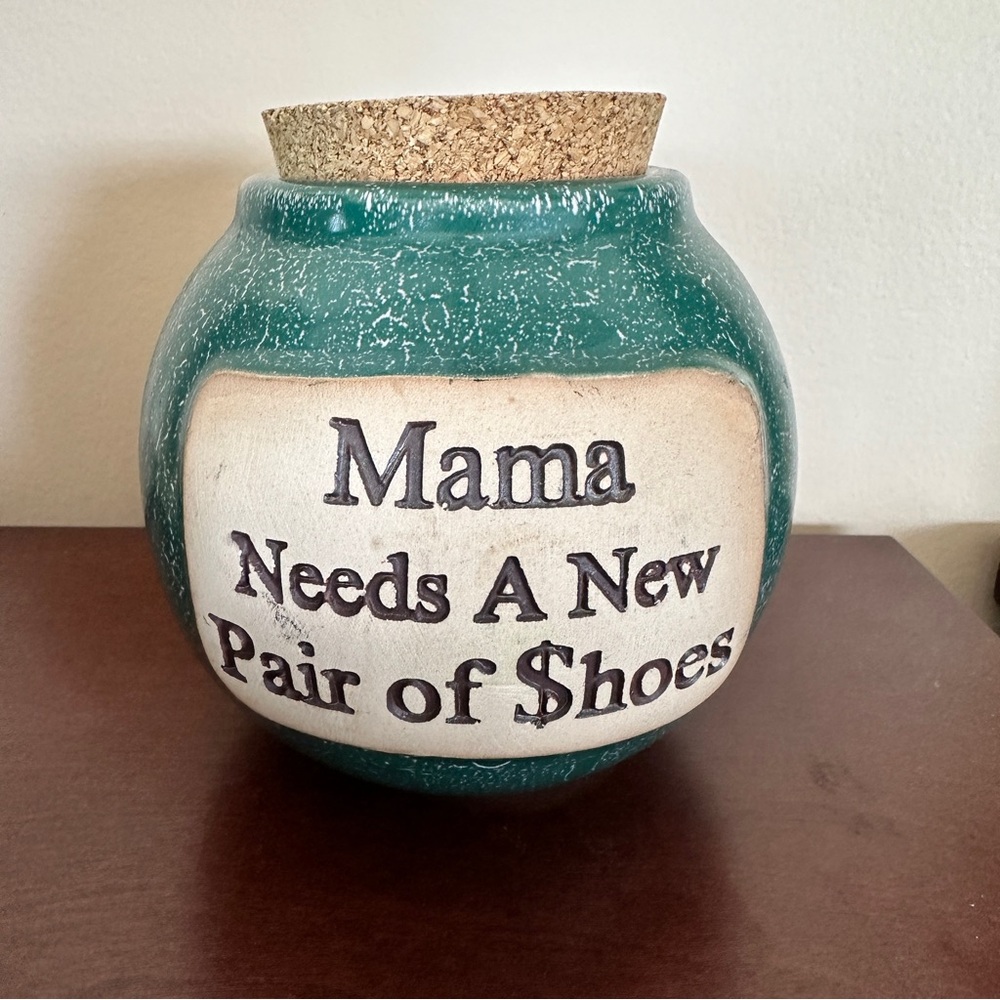 Pottery savings bank, vintage ceramic with cork lid
